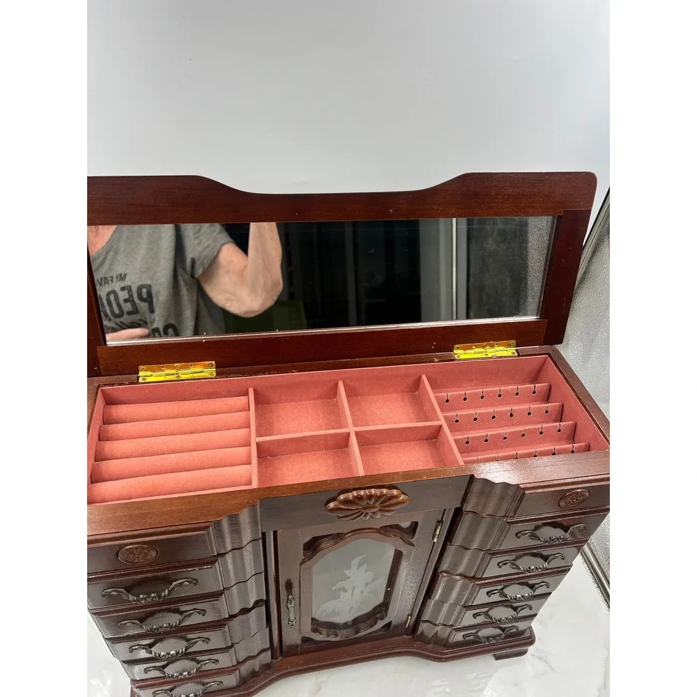 Vintage Wooden Jewelry Armoire Chest 10 Drawer Etched Glass Rotating Carousel